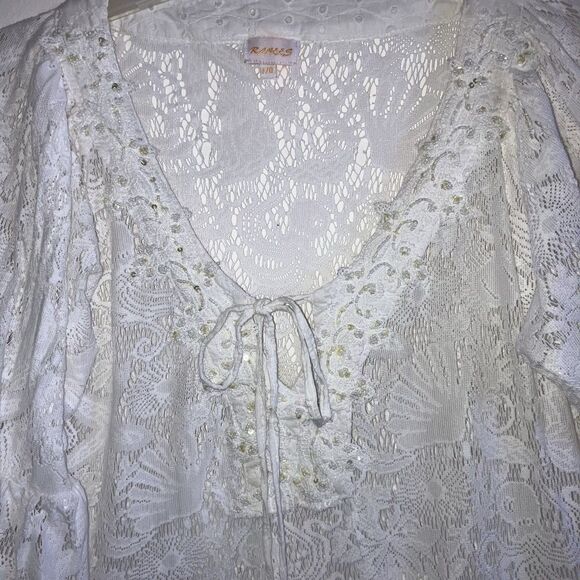 RANEES sz L / XL White Cotton Lace Beaded Flouncy Dress Swim Beach Cover Flowy - Picture 2 of 6